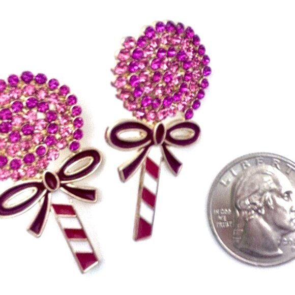 Whimsical Pink Swirled Rhinestones Jeweled Christmas Lollipop Candy Earrings New - Picture 3 of 3